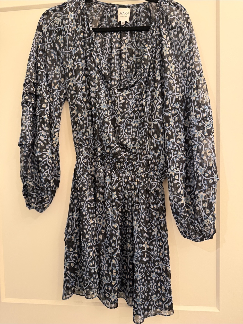 Misa Los Angeles Black and Light Blue Long-Sleeve Floral Dress